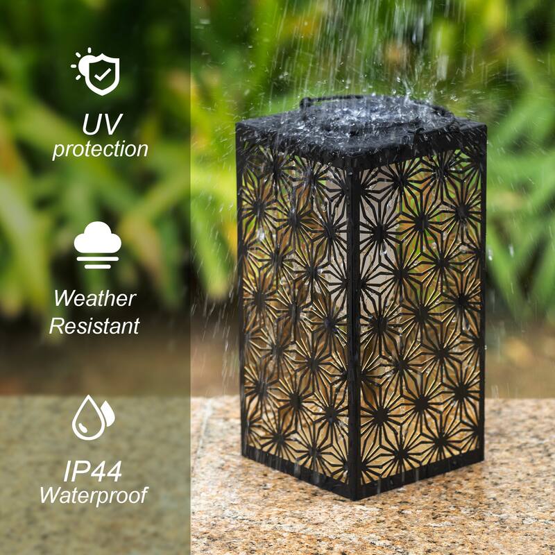 Glitzhome 11"H Black Metal Cutout or Square Textured Glass Pattern Solar Powered Hanging Lantern with LED Light
