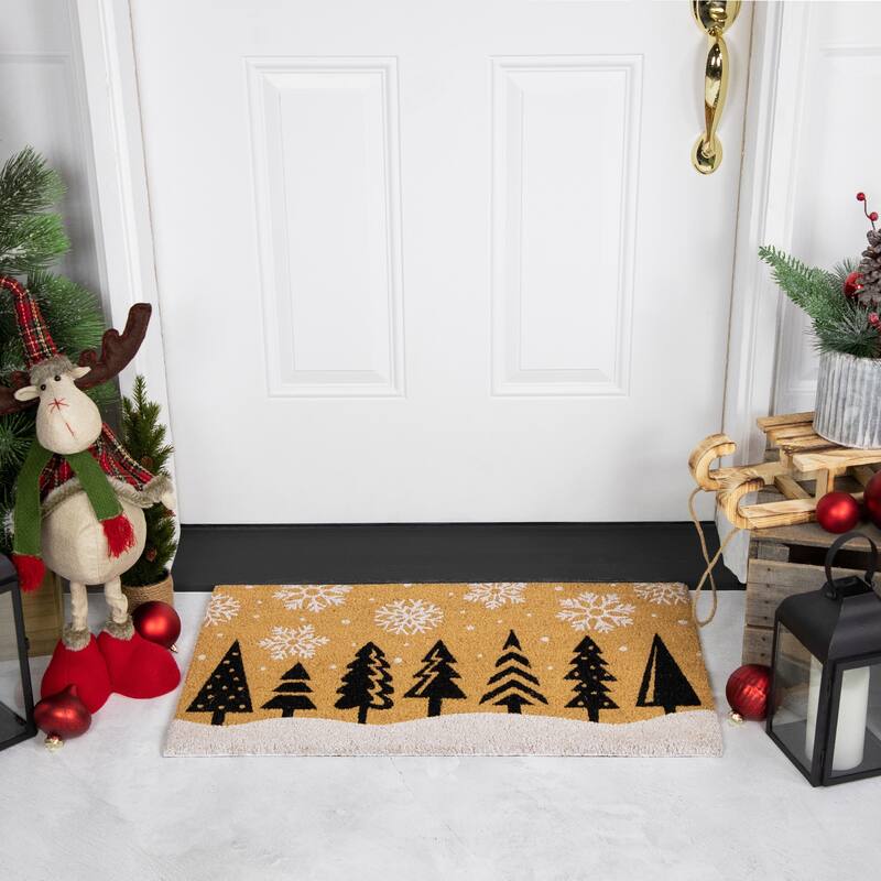 Trees and Snowflakes Natural Coir Christmas Outdoor Doormat 18" x 30"