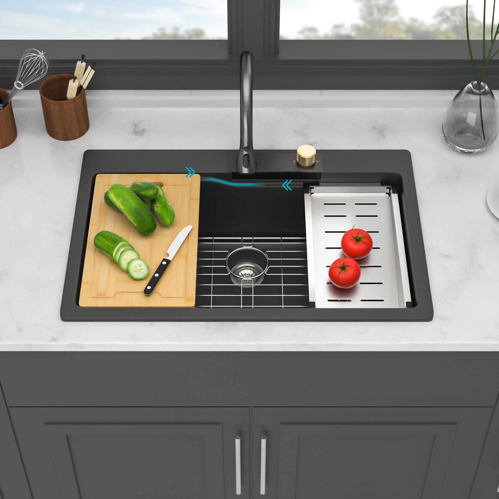 33 Inch. Drop-in Single Bowl Black Quartz Kitchen Sink with Workstation - 33" x 22" x 10"