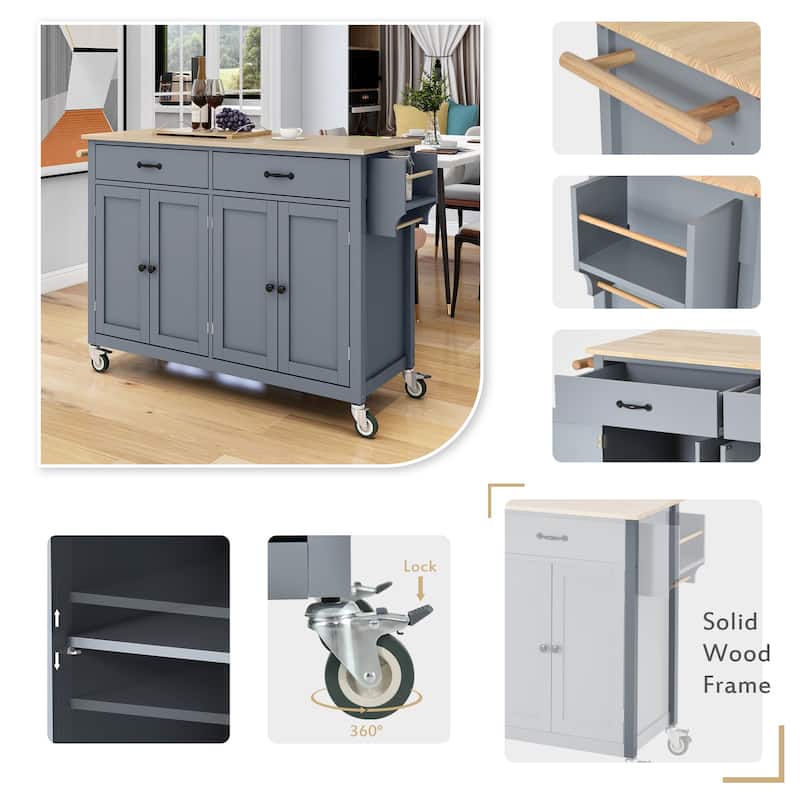 Kitchen Island Cart with Solid Wood Top - Blue