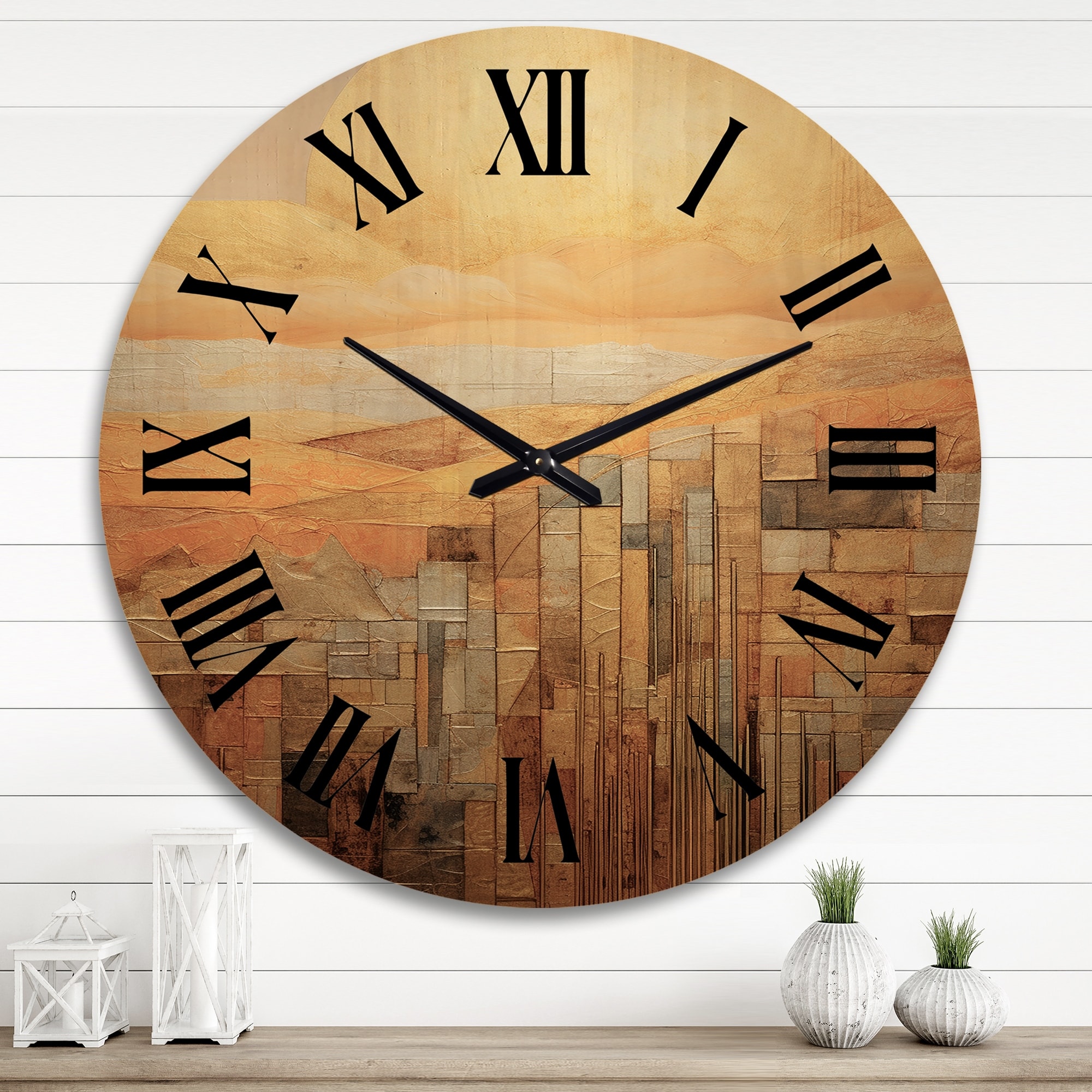 Designart "Golden Hour Rustic Landscape Illustration" Abstract Geometric Oversized Wood Wall Clock