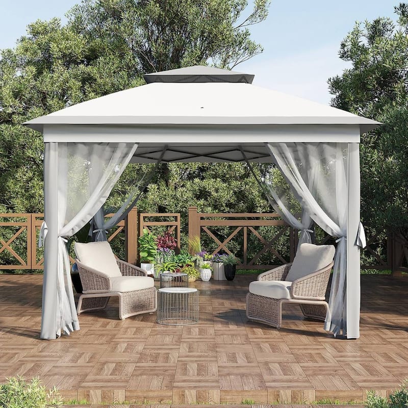 11x11ft Outdoor Canopy Shelter Pop Up Gazebo Tent with Mosquito Netting - Grey