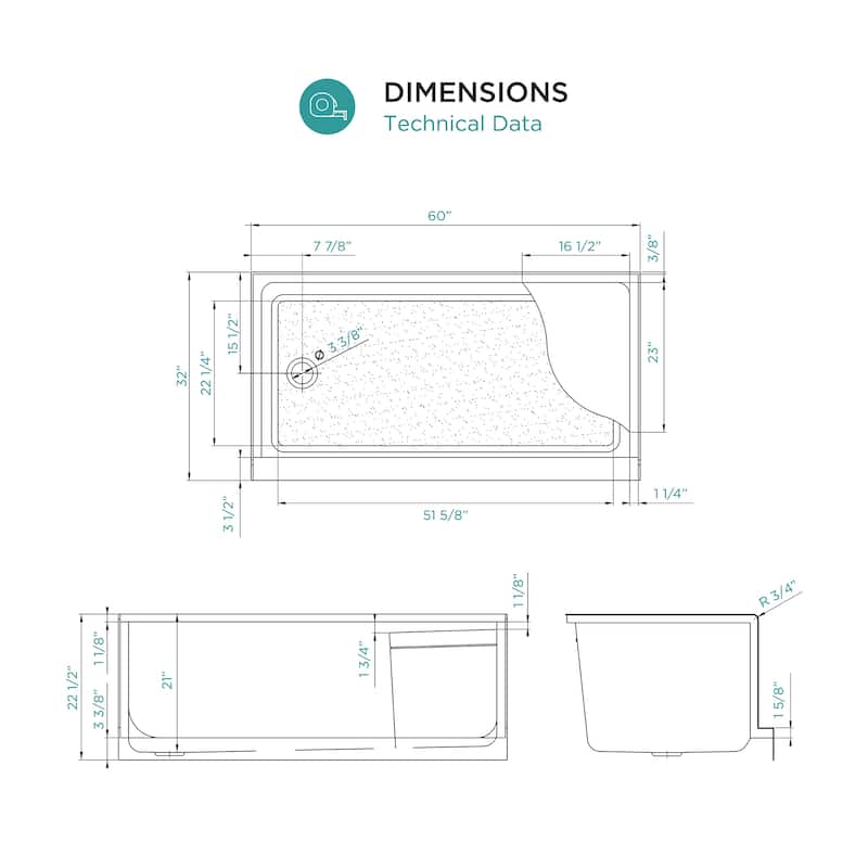 Fine Fixtures Single Threshold Acrylic Non-Slip Shower Base With Seat - 60 x 32