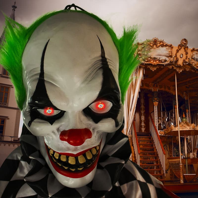 Haunted Hill Farm Life-Size Animatronic Clown, Indoor/Outdoor Halloween Decoration, Flashing Red Eyes, Poseable, Battery