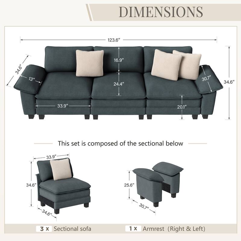MAISON ARTS Cloud Modular Deep Seat Sofa, Chenille or Corduroy Sectional Couch with Removable Arms, 1–4 Seater