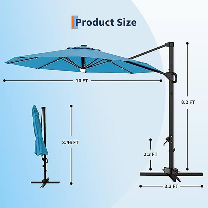 10FT Outdoor Cantilever Umbrella Patio Umbrella Solar LED with Base Included, 360-Degree Rotation