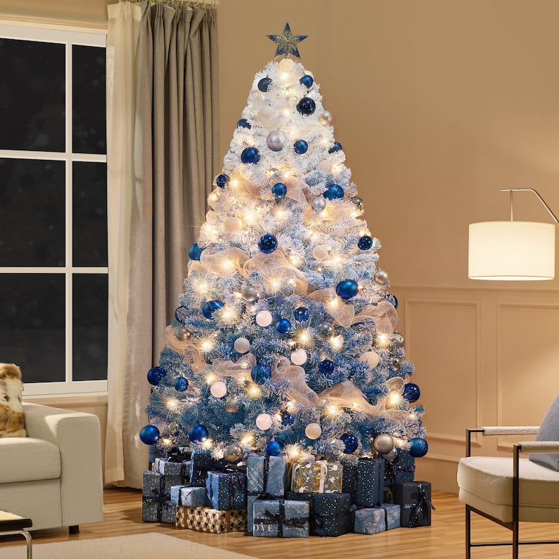 Yaheetech 4.5ft/6ft/7.5ft Pre-lit Flocked Artificial Christmas Tree with Incandescent Warm White Lights, Lake Blue Gradient - 7.5 Foot