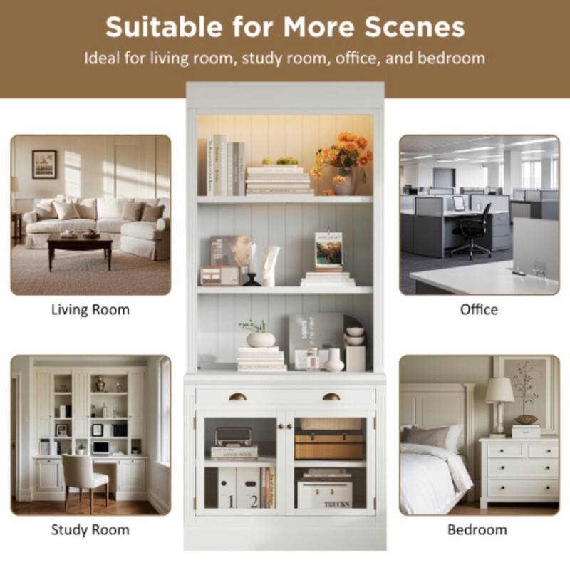 83.4" Contemporary Glass Door Bookcase with LED Lights & Drawer - Elegant Display Storage Shelf for Living Room and Study Room