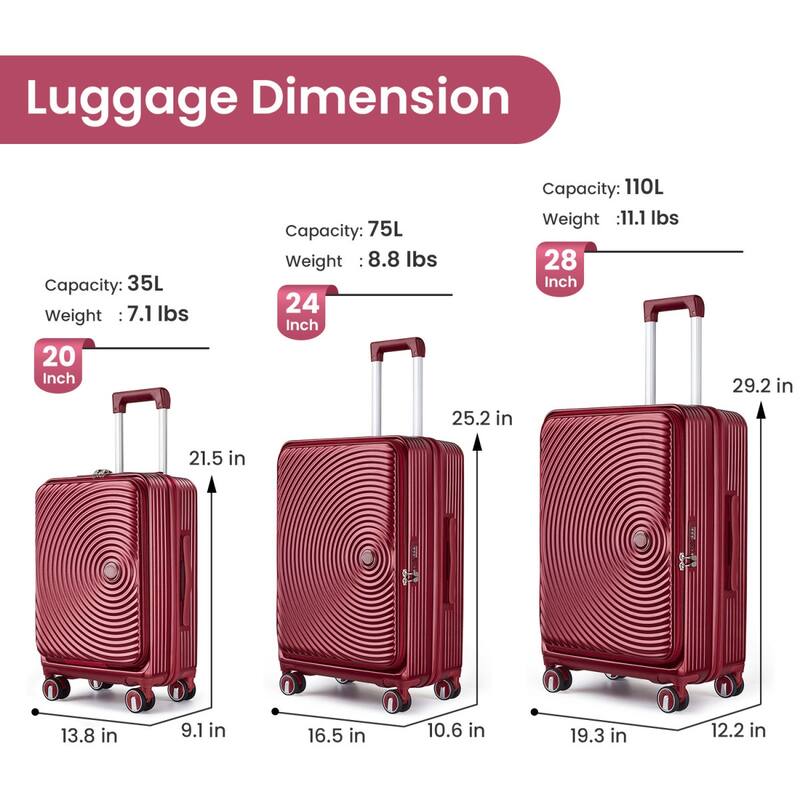 3 Piece Luggage Sets(20/24/28), Carry On Expandable Luggage, Hard Shell Lightweight Suitcase Set w/Front Pocket & Spinner Wheels