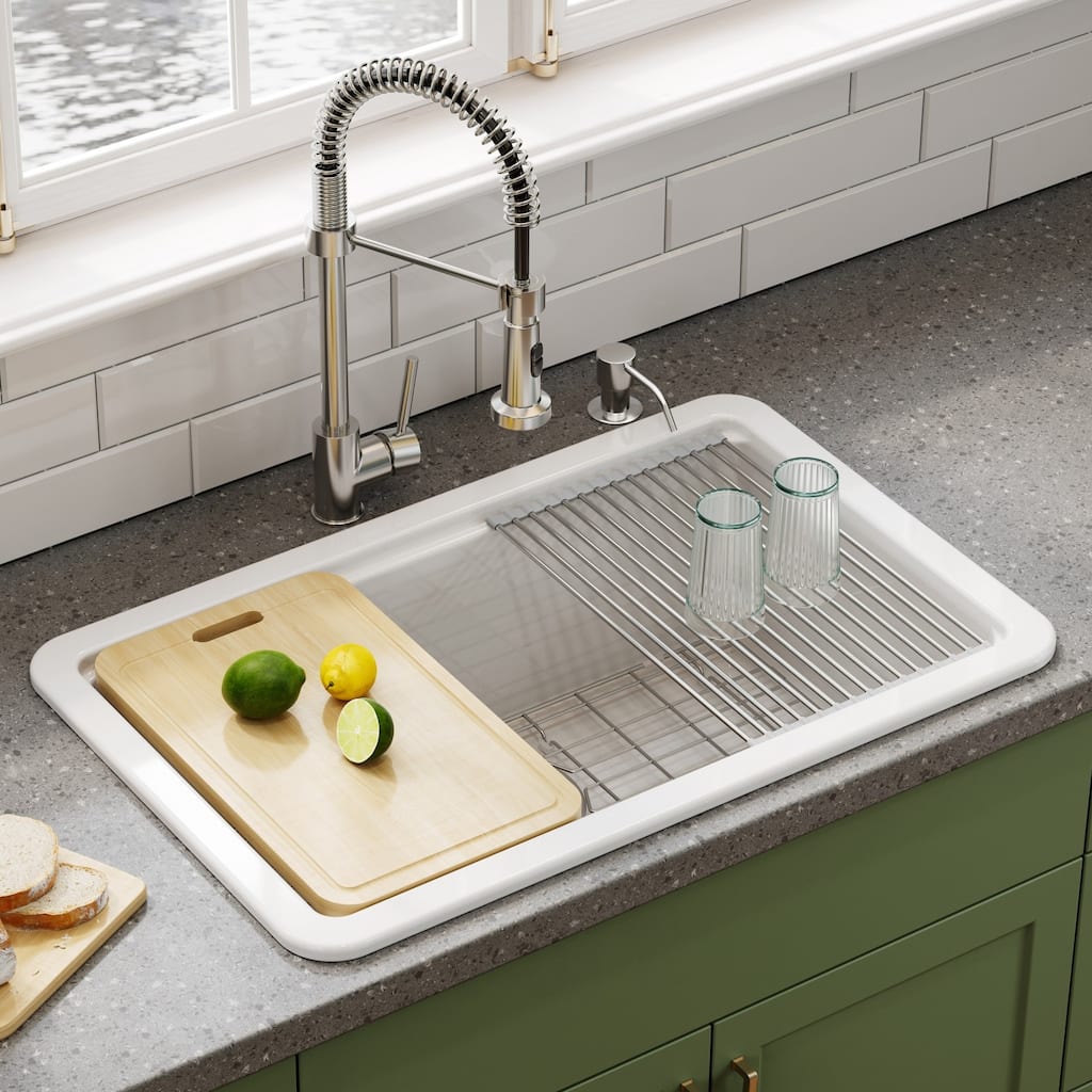 HOROW 30 in. Drop-In White Ceramic Kitchen Sink with Standard and Bottom Grid, Drain Assembly, Cutting Board