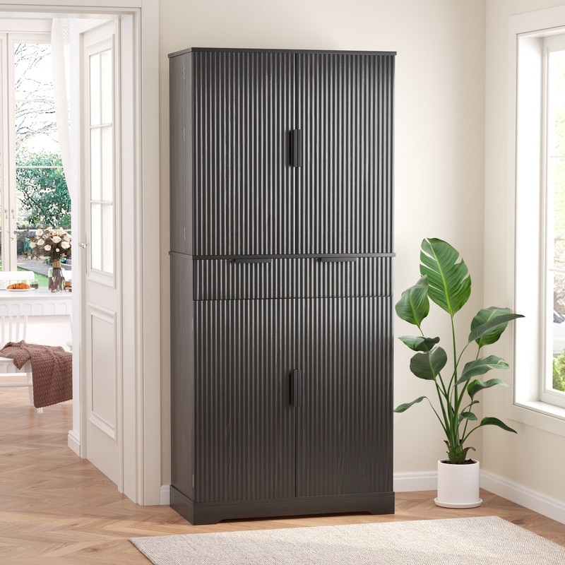 72" Fluted Kitchen Pantry Cabinet with 3 Keyboard Drawers for Bathroom Dining Room, Freestanding Cupboard Storage Cabinet - N/A