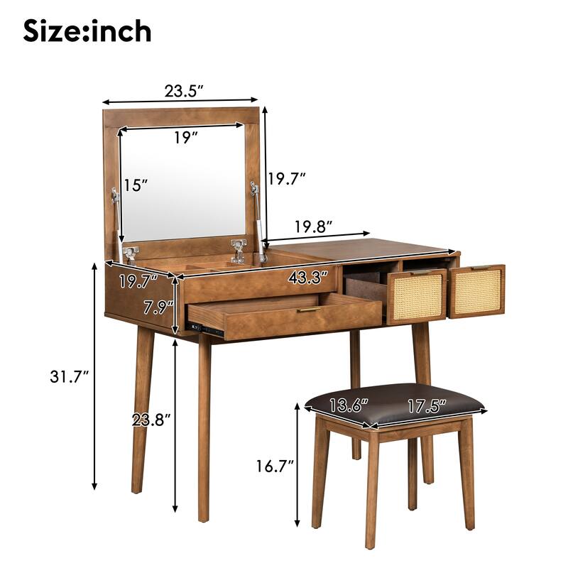Brown Makeup Vanity Desk Set with Flip-top Mirror & Drawers, Wood Writing Desk Dressing Table and Upholstered Stool Set