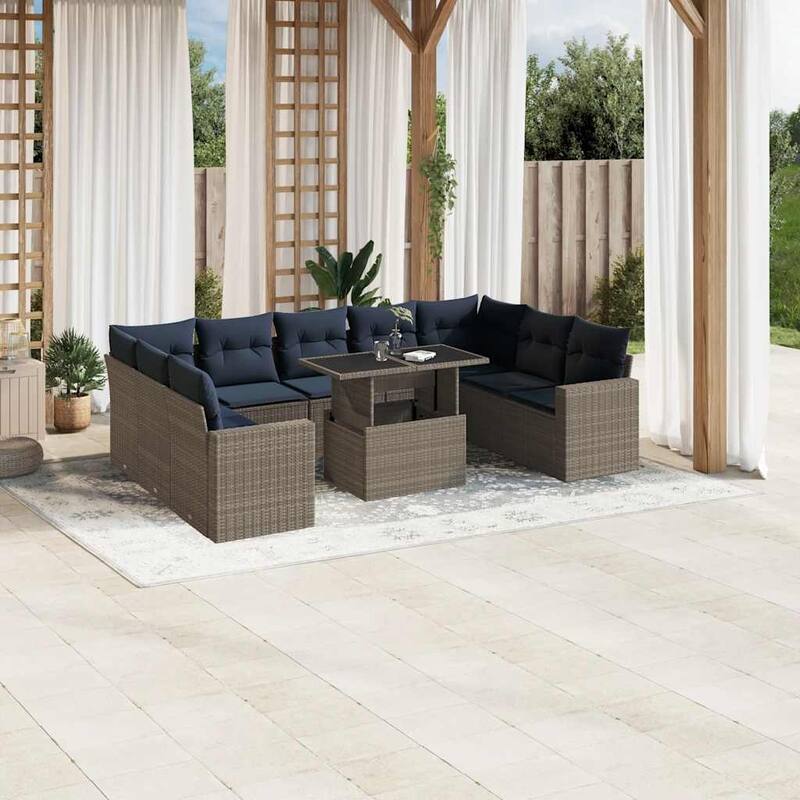 vidaXL 10 Piece Patio Sofa Set with Cushions Black/Brown/Gray Poly Rattan - Gray without storage