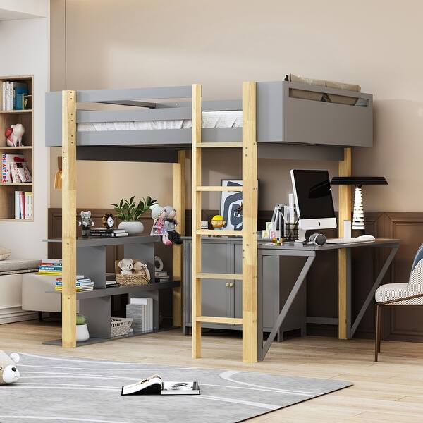 slide 2 of 38, Multifunctional Design Loft Bed with Built-in Storage Cabinet and Cubes, Foldable Desk, Twin Size Grey