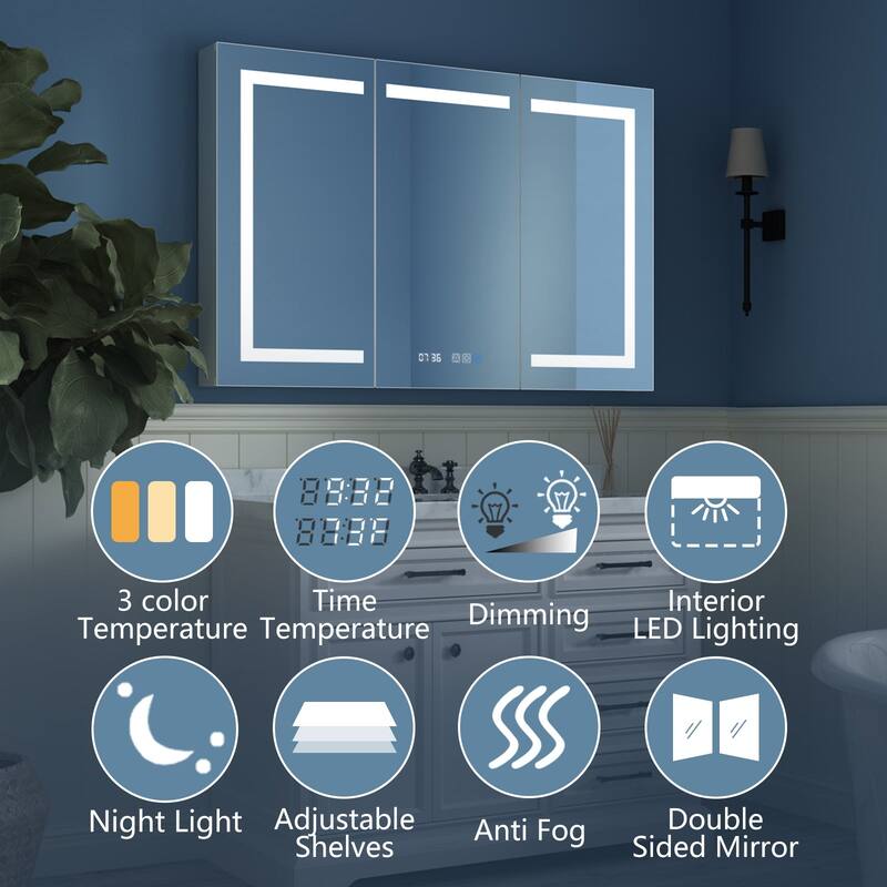 Aluminum Surface/Recessed Mount LED Medicine Cabinet with Mirror, Outlet and Shelves