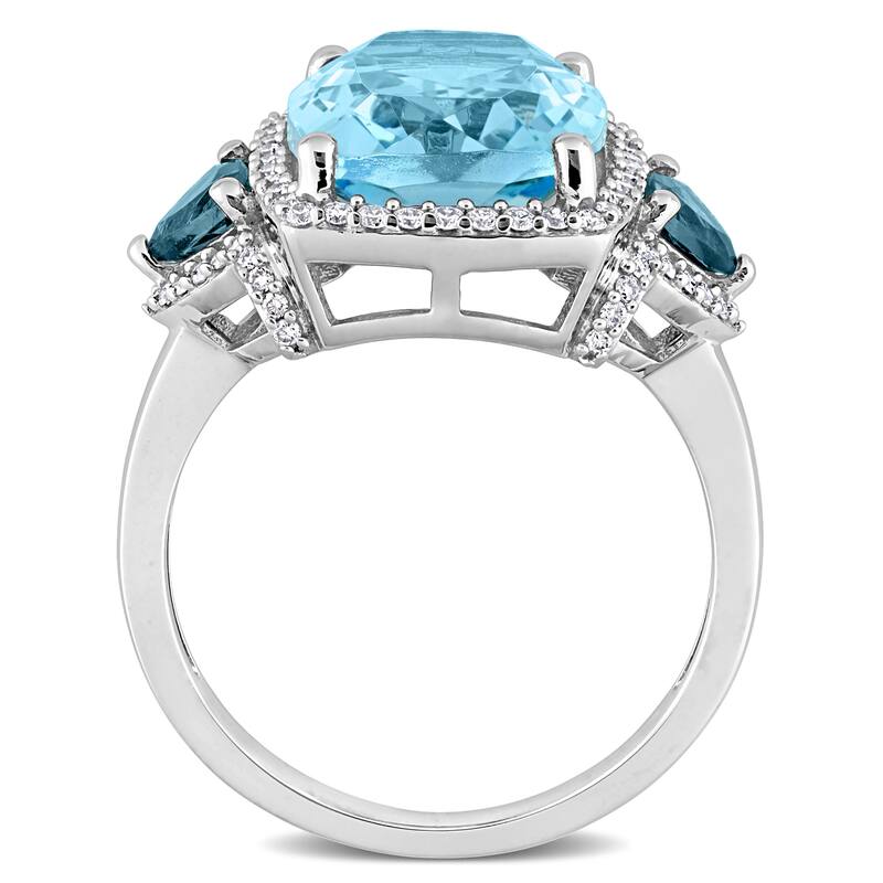 Miadora London & Sky Blue Topaz and 1/3ct TDW Diamond 3-Stone Halo Cocktail Ring in 14k White Gold