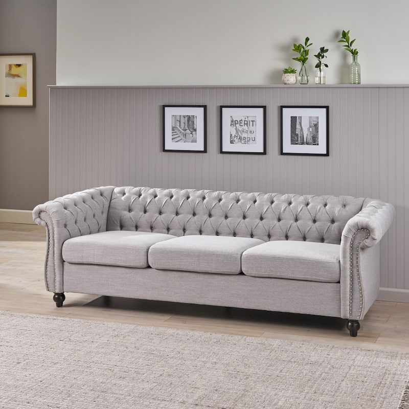 Grey Chesterfield 84.75" Button Tufted Upholstered 3-seater Sofa with Nailheads and Wood Legs