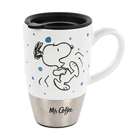 Mr. Coffee Snoopy Time 15 Ounce Ceramic Travel Mug in White With Lid