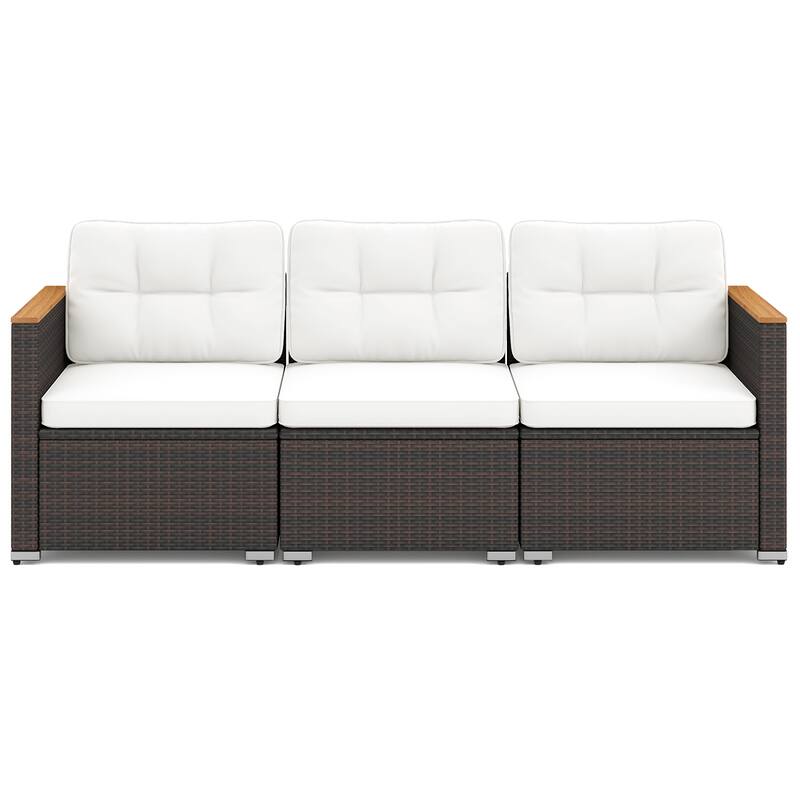Mix Brown Rattan Metal 3-Seat Patio Sofa with Wood Arms and Cushions - 26" x 76" x 25.5" - Off White