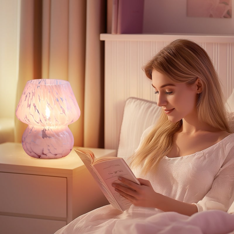 Pink Ripple Glass Table Lamp Dot Mushroom Style with In-line Switch - 5.75'' x 5.75'' x 7.25'' (L x W x H)