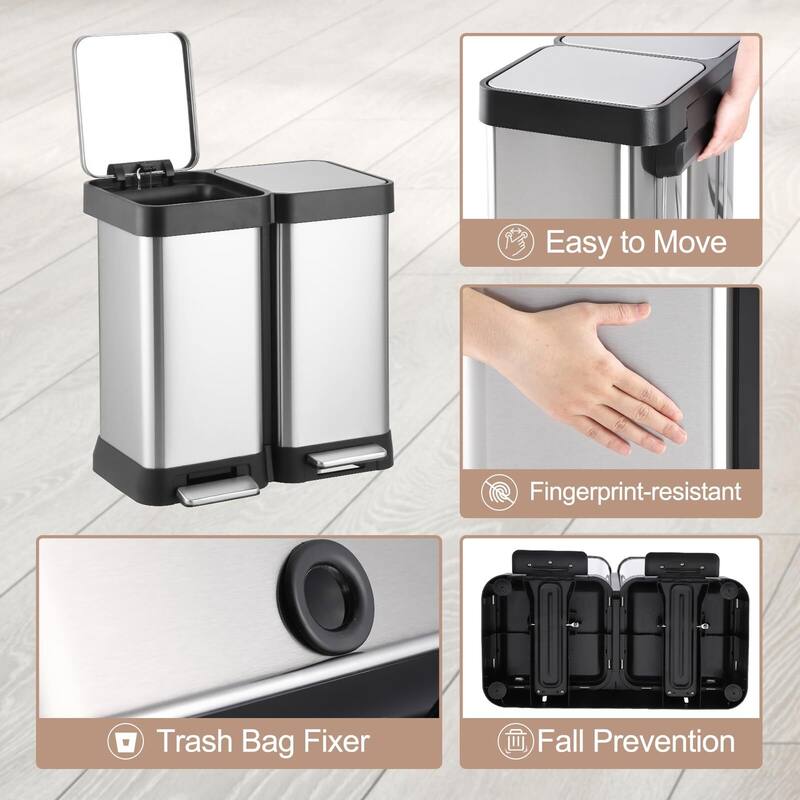Large Capcity Dual Trash and Recycling Bin, Fingerprint Proof Stainless Steel Kitchen Garbage Can