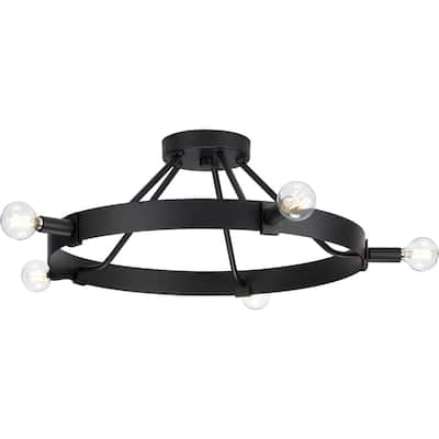 Breckenridge Collection Five-Light Matte Black Rustic Farmhouse Semi-Flush Mount - 22.5 in x 22.5 in x 7.5 in