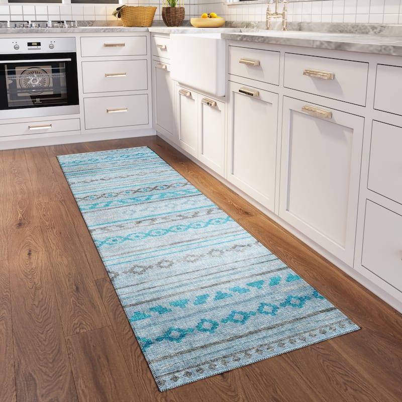 Indoor/ Outdoor Addison Yuma Southwest Striped Washable Area Rug - 2'3" x 7'6" - Turquoise