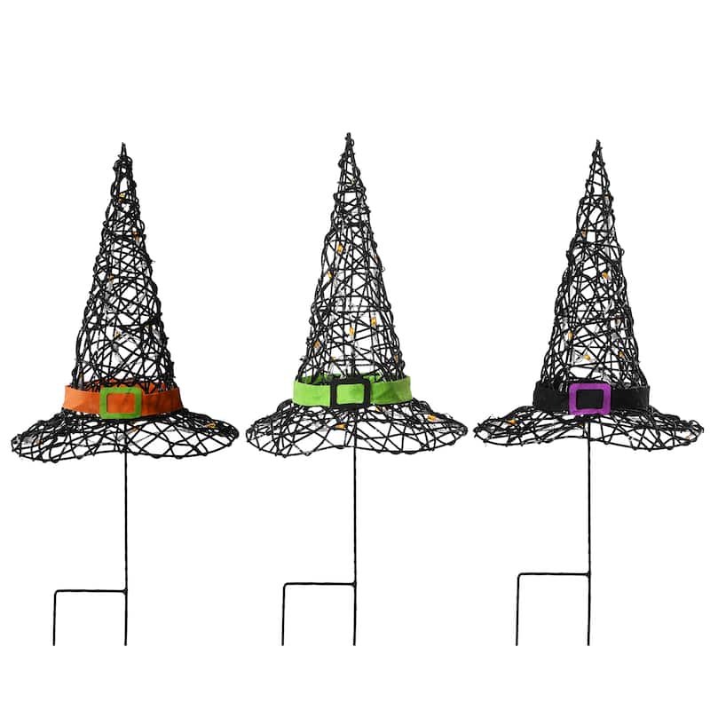 National Tree Company Halloween Pre-Lit Black Witch's Hat Garden Stakes, 23 inches