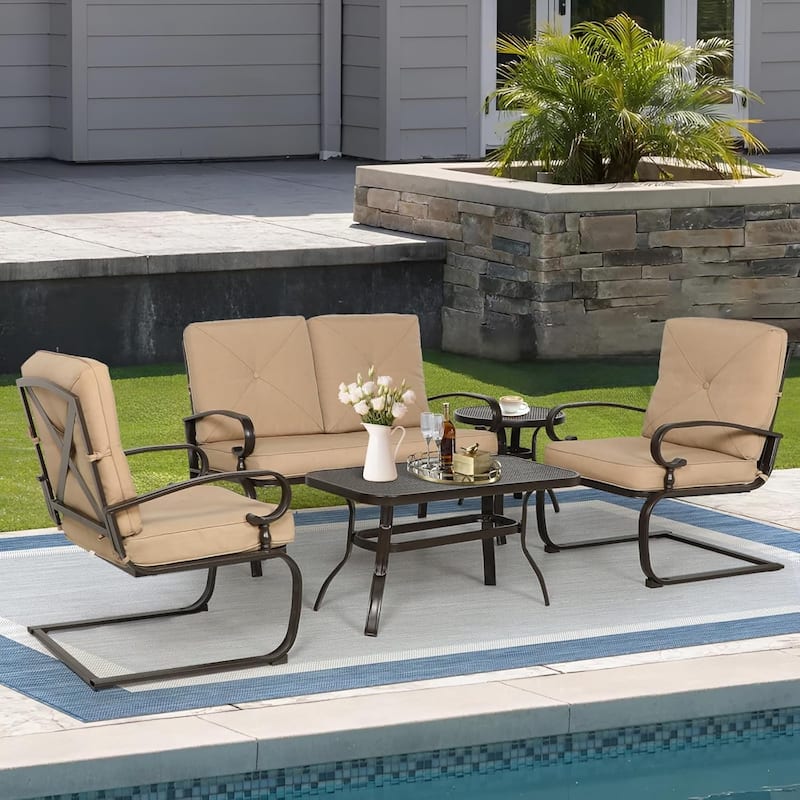 SUNCROWN 5-Piece Outdoor Patio Furniture Conversation Set, Garden Bench and 2 Spring chair with 2 Coffee Table
