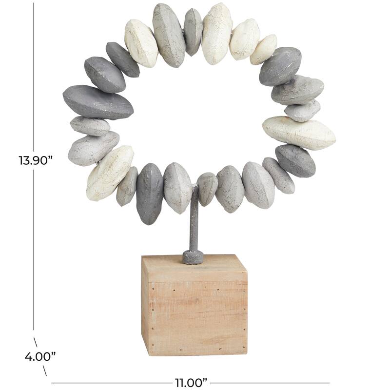 Gray Metal Circular Stone Abstract Decorative Sculpture with Brown Wooden Base
