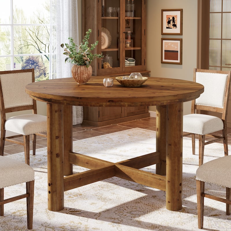 47 Inch Round Dining Table for 4-6, Solid Wood Kitchen Table, Farmhouse Style - 47.24" L x 47.24" W x 29.53" H