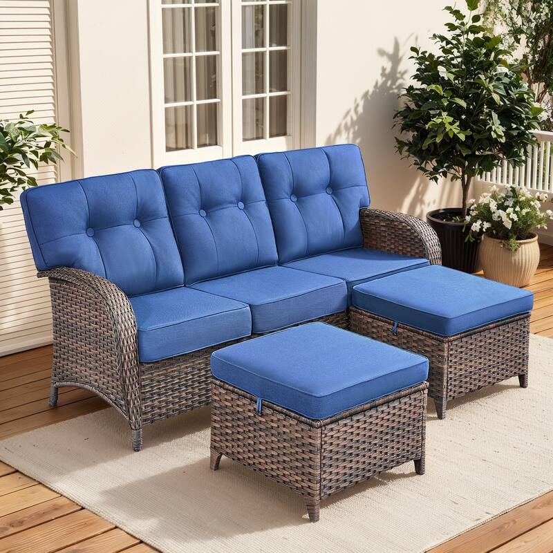 Gymojoy 3-Piece Outdoor Wicker Patio Furniture Set, 5" Thick Cushioned Rattan Sofa with Ottomans