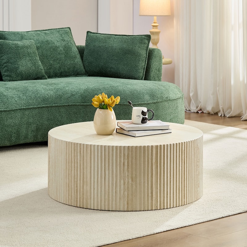 Faux travertine Round Coffee Table with Eye-Catching Relief Design, Travertine