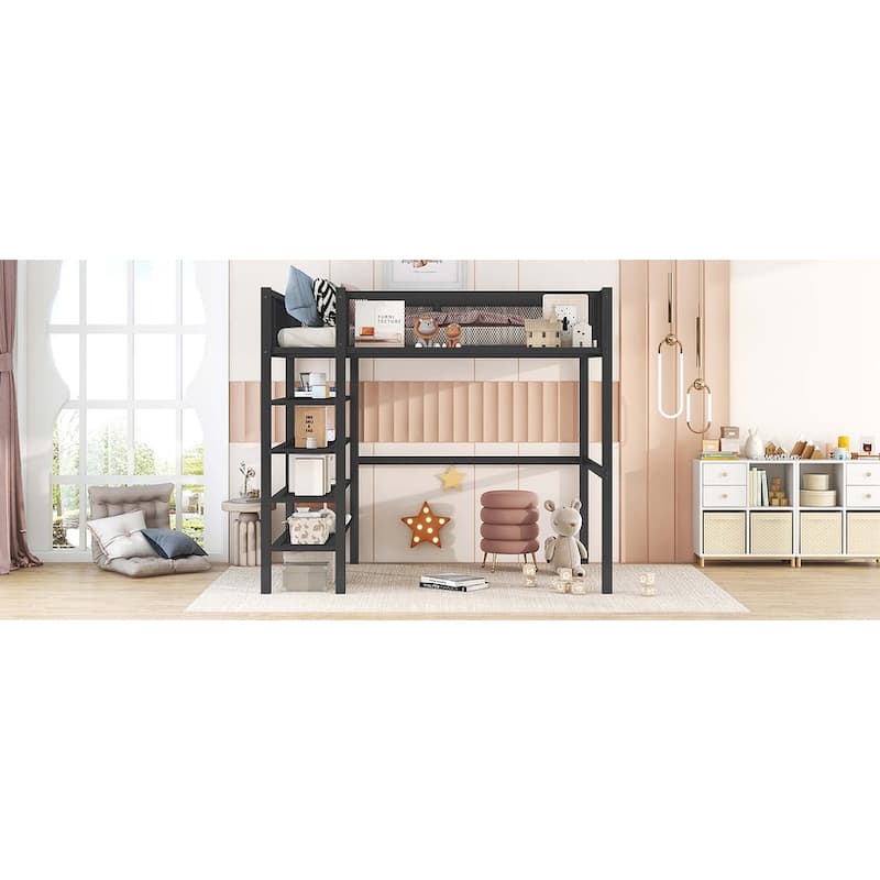 Metal Loft Bed with 4-Tier Shelves and Storage