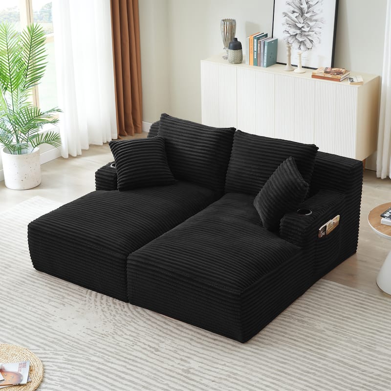 Compressible Double Chaise Lounge With Cupholders - No Assembly Required, Fluffy Modern Sleeper Loveseat
