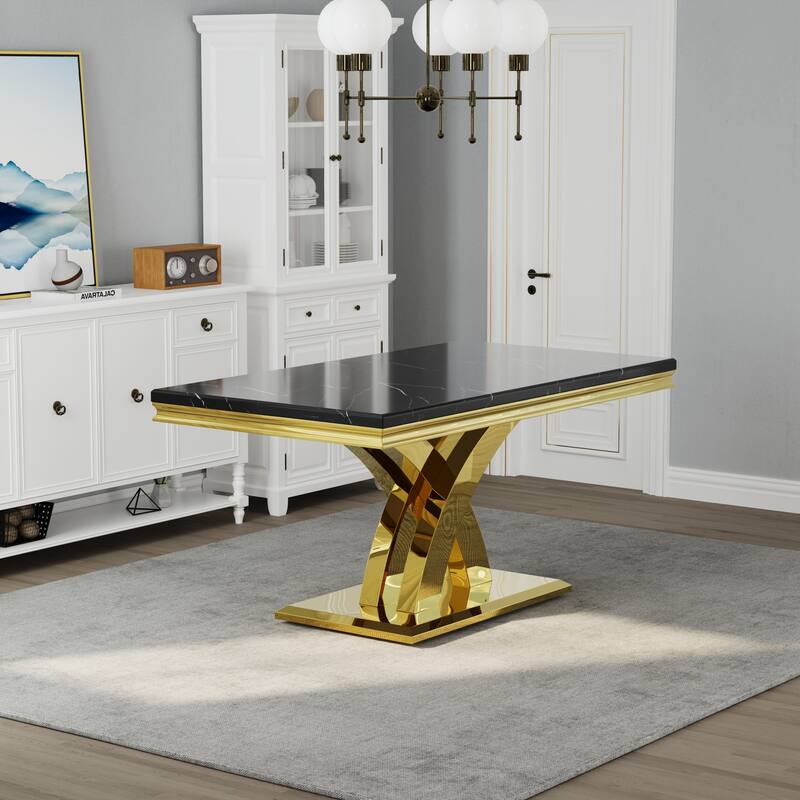 Stylish Modern X Cross Base Dining Room Table Set with Gold Dining Chairs