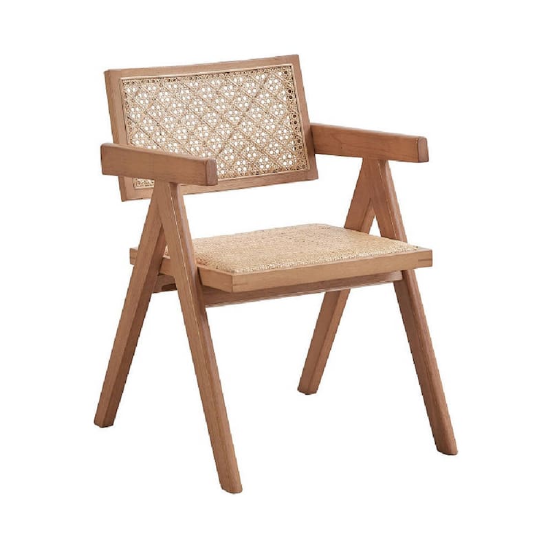 Tina 22 Inch Dining Armchair Set of 2, Woven Rattan, Natural Brown Wood