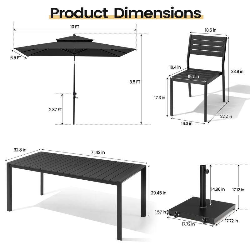 Set of 9 Outdoor Patio Dining Set WoodLike Aluminum Umbrella Hole Table with Stackable Chairs, Double Top Market Umbrella Set