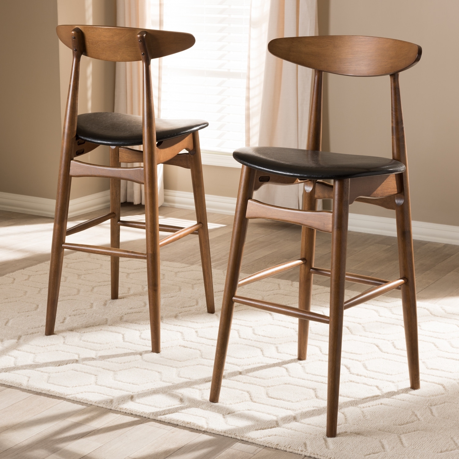 Modern 2 Piece Bar Stool Set with Walnut Finish Frame, Faux Leather Cushioned Seats, Stylish Kitchen Counter Seating