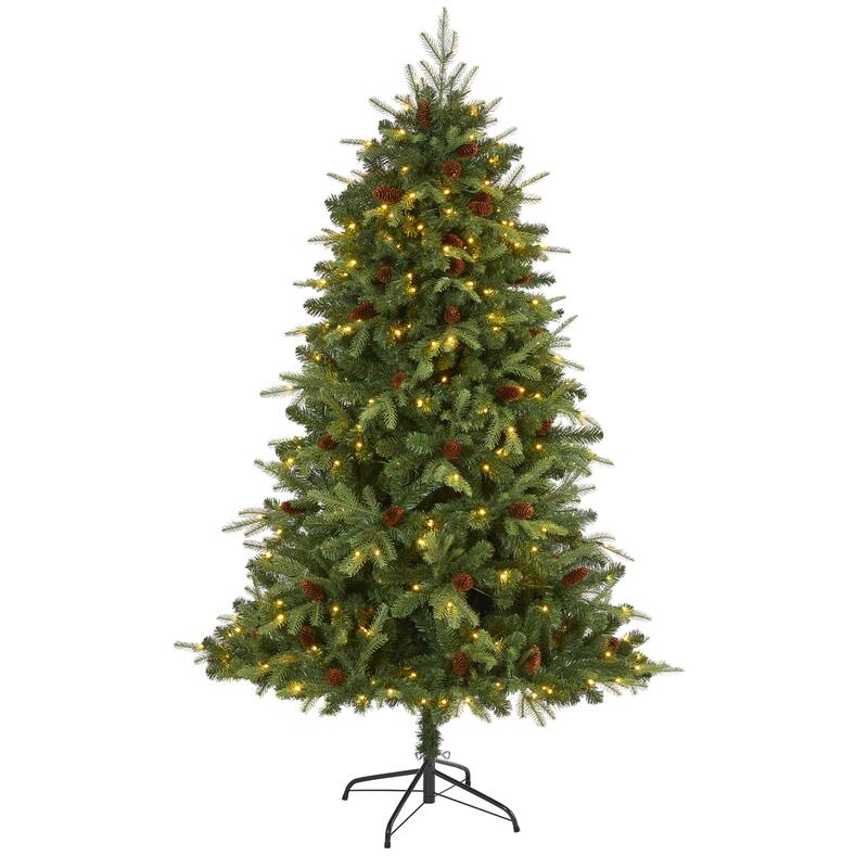 6Ft Pre-Lit Christmas Tree - Wellington Spruce Look with 300 Clear Lights & Pine Cones - Festive Holiday Decor - Green - 72