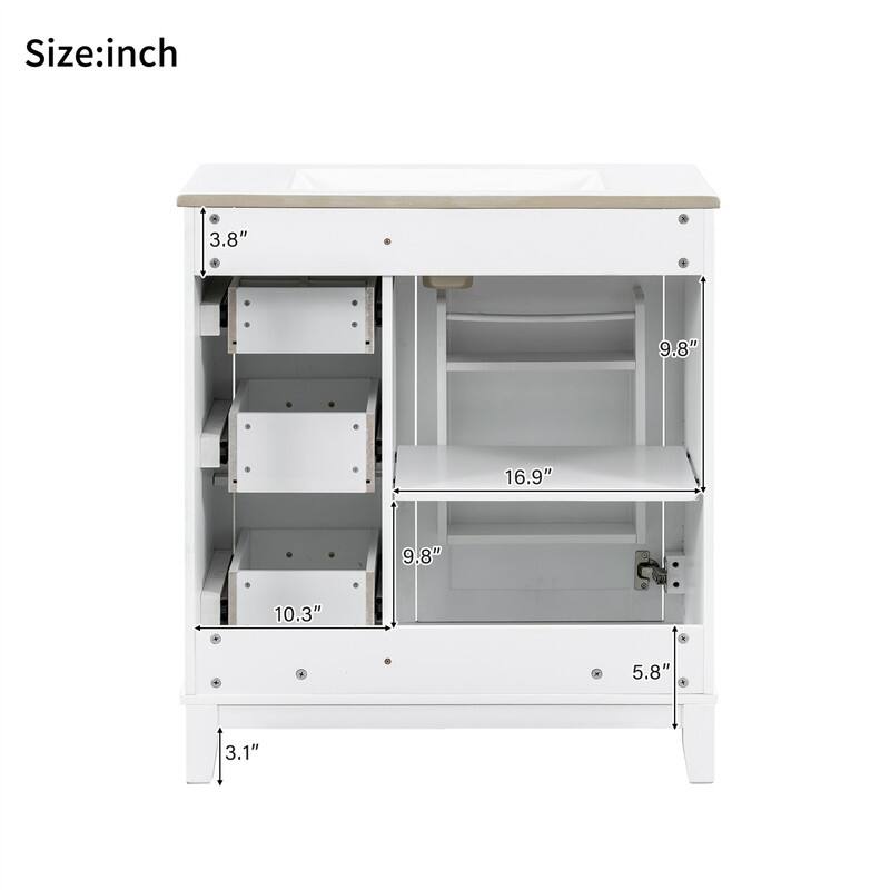 30'' Bathroom Vanity with Ceramic Sink, Freestanding Bathroom Vanity Cabinet with 3 Drawers, 1 Soft Close Door and Storage Rack