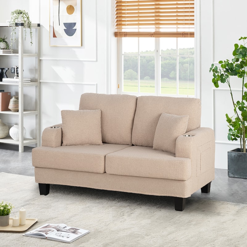 61" Small Beige Loveseat Sofa with 2 Pillows and Cup Holder