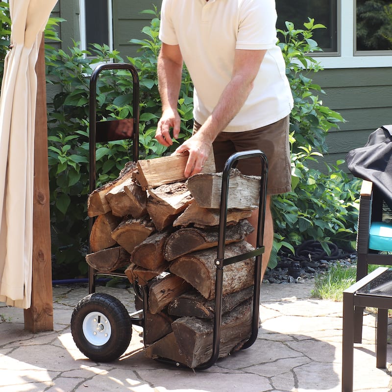 Sunnydaze Steel Firewood Log Cart Carrier with Heavy-Duty Waterproof Cover