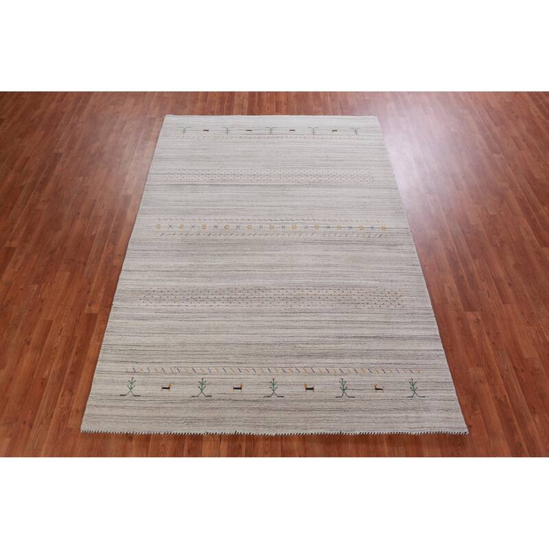 Hand Knotted Oriental 100% Wool Carpet Tribal Stripe Beige & Ivories Gabbeh Area Rug - 8' 10'' X 6' 1''