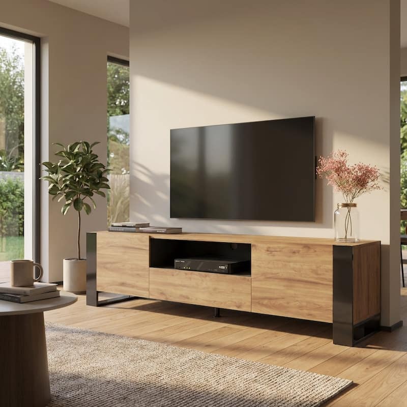 Meble Furniture Woody 71" Modern High Gloss TV Stand with Storage - Fits TVs up to 75" - European Made for up to 80" TVs