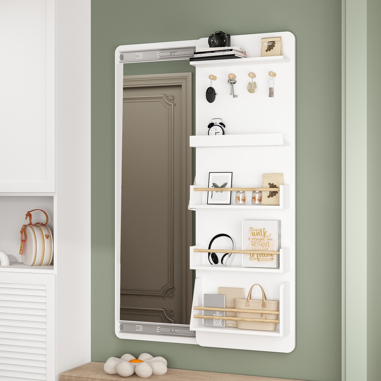 White Wall Mirror w Coat Rack and Shelves Multifunctional Home Decor 47.2 x15.7 Bed Bath Beyond 39074916