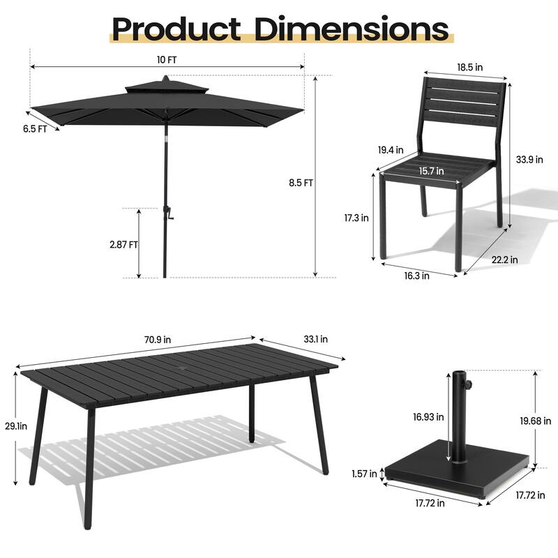 9 PC Outdoor Patio Dining Set Wood-Like Aluminum Umbrella Hole Table with Stackable Chairs,Double Top Market Umbrella and Base
