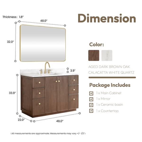 dimension image slide 5 of 13, Oza Bath Vanity with Quartz Stone Top and Mirror