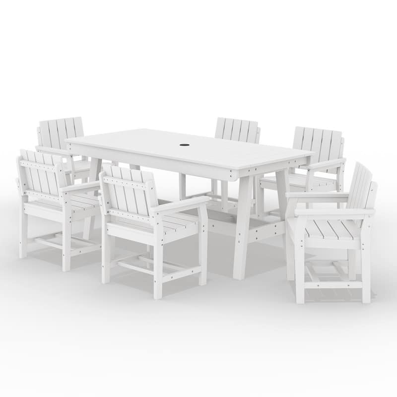 7-Piece HDPE Outdoor & Indoor Dining Set, Rectangular 67.91in W Table with Umbrella Hole and 6 Chairs Set of 7, Wood-Look Finish - White