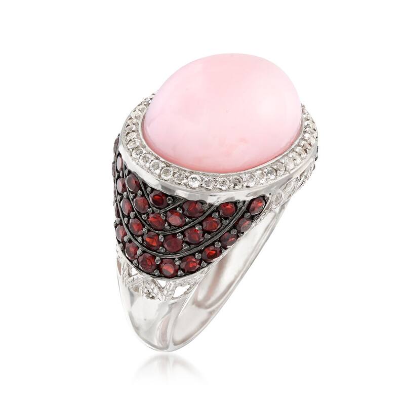 925 Sterling Silver Pink Opal, Red Garnet,White Topaz Ring